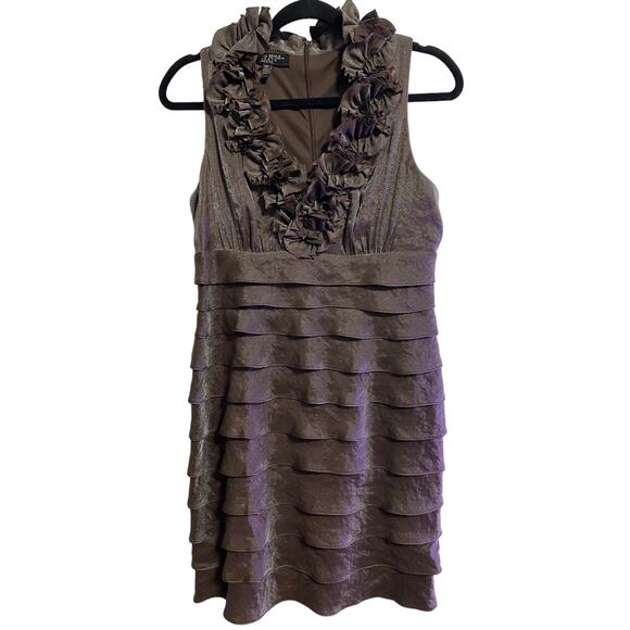 London Style Nights Evening Dress 10P Dark Tuape Ribbon Ruffle Wedding Event - Picture 1 of 16